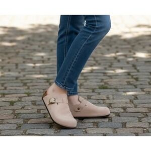 NEW‎ Beige Suede Size 10/41 Buckle Clog Mules Comfort Slip On Shoes